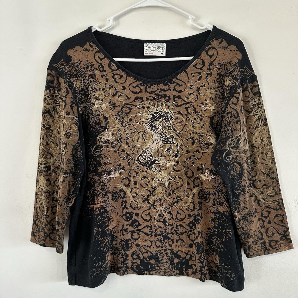 Womens Cactus Bay Top XL Black Rodeo Horse Embellished Rhinestone Bling